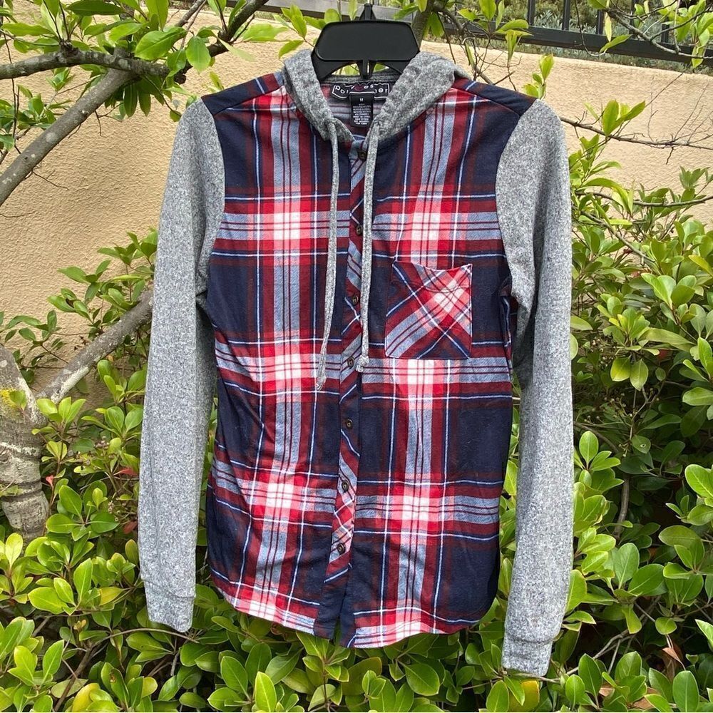 🧥Polly & Esher blue/white/red flannel shirt hoodie w/grey sleeves & hood. szM